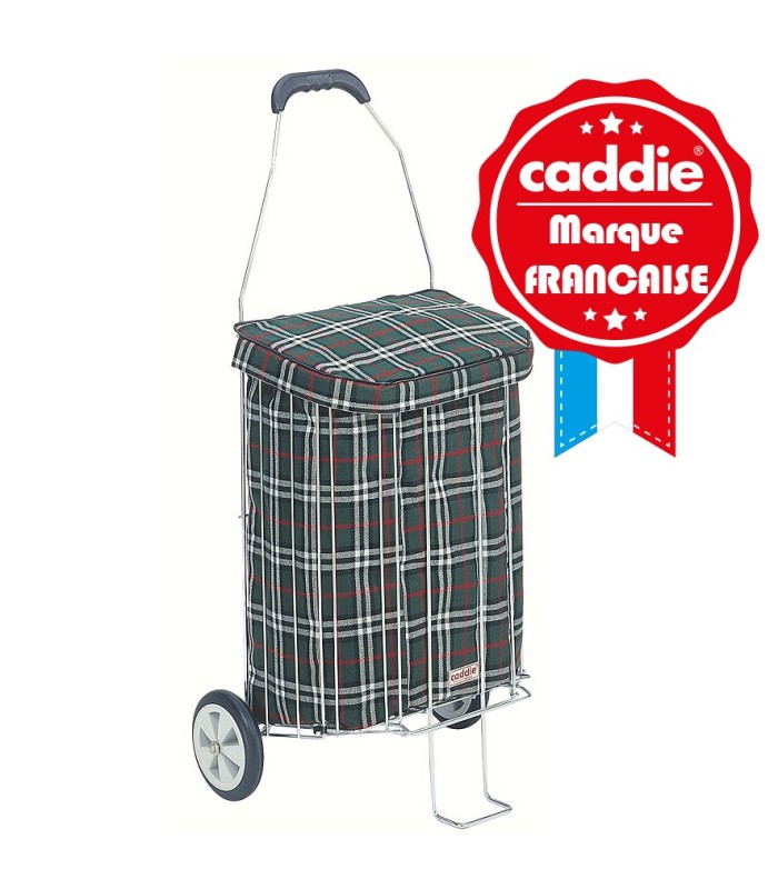 Caddie 2 roues 40L avec Cage pliable Vert Ecossais - poussette de marché fabriquée en France